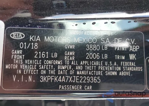 2018 Kia Forte Lx from USA, damaged, VIN 3KPFK4A7XJE229365